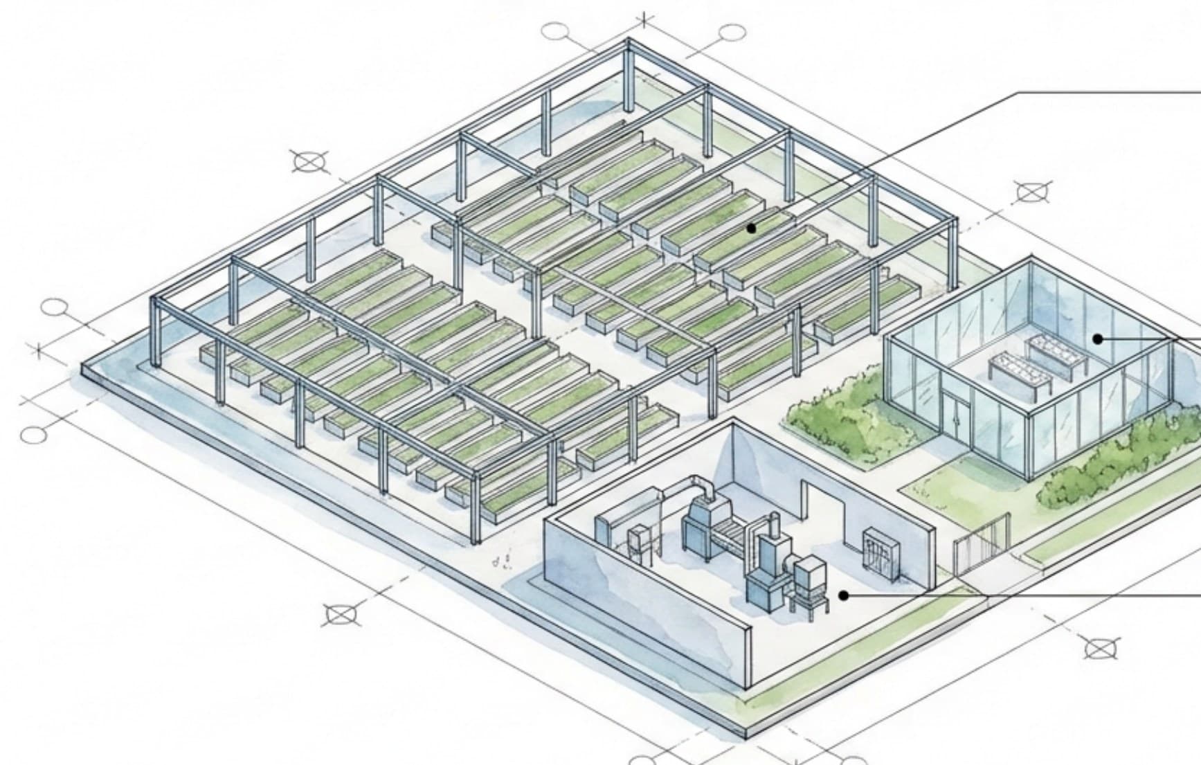 A concept isometric blueprint of the proposed 3-acre hub: rows of growing beds, a glass breeding room and an on-site processing shed