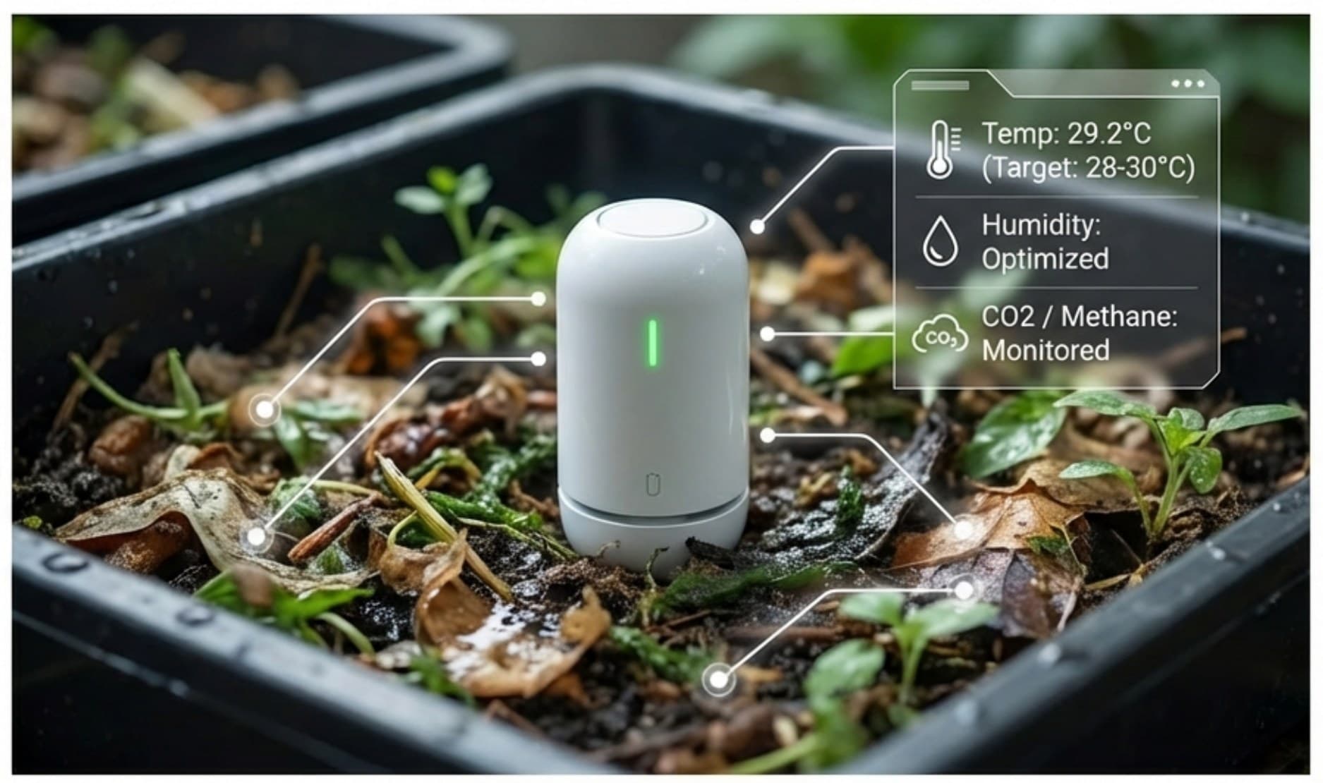 A concept render of a monitoring device in a compost bed, reading temperature, humidity and CO2 / methane