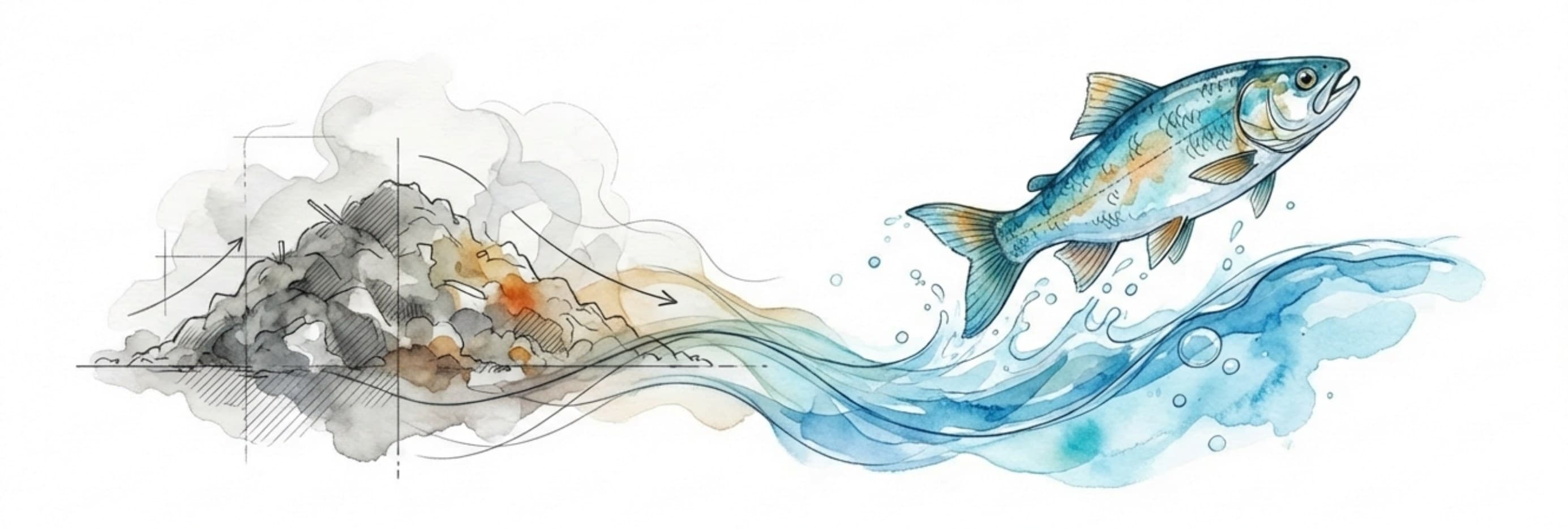 A watercolour concept of waste dissolving into clean water and a leaping fish