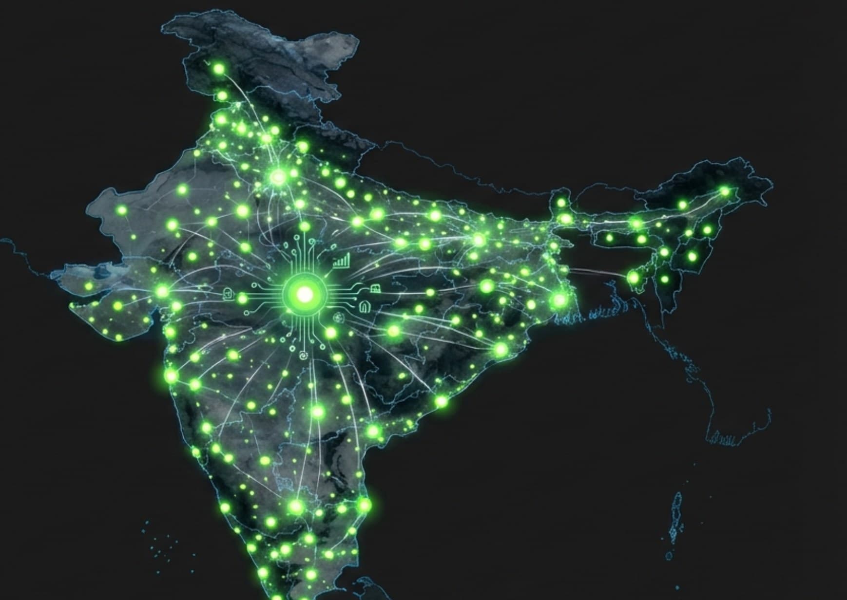 A concept map of India lit with a proposed network of local feed-and-protein hubs