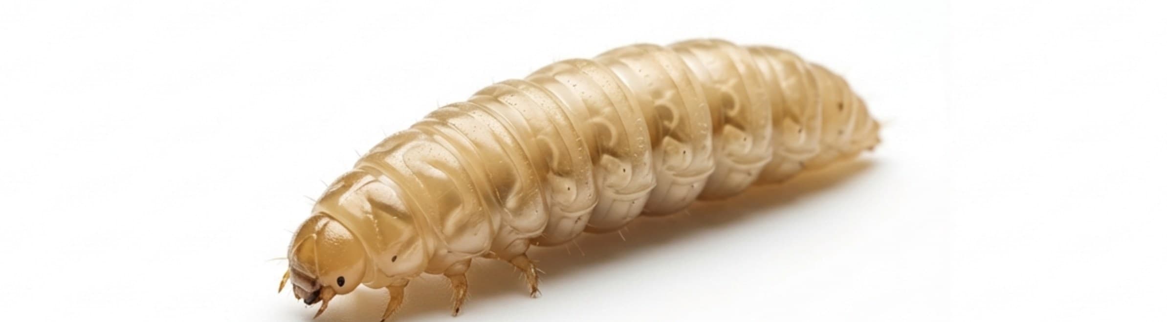 A concept macro render of a black-soldier-fly larva — the biological engine of the proposed hubs