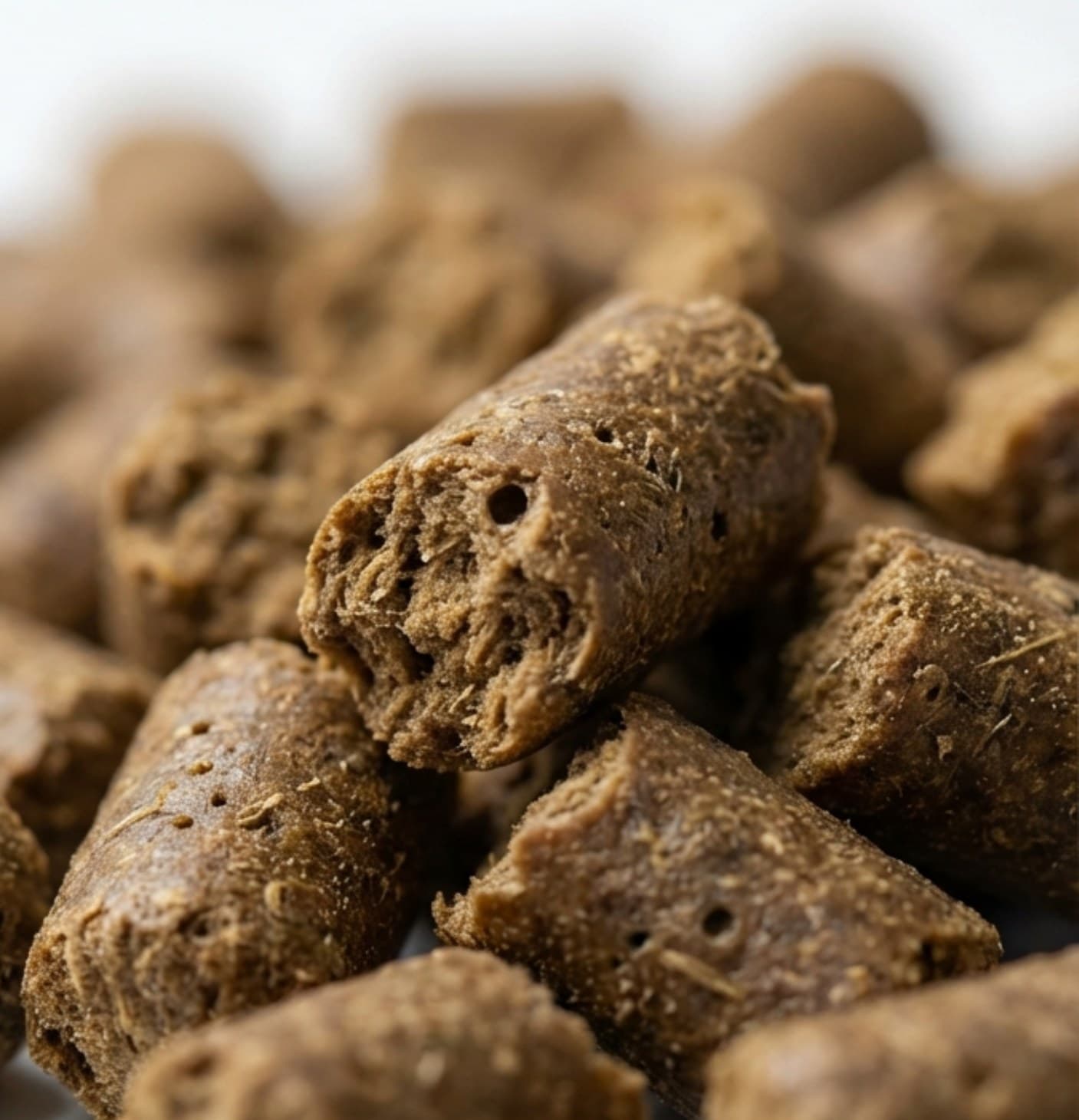 A concept render of dried protein feed pellets — the output the proposed micro-hubs would produce